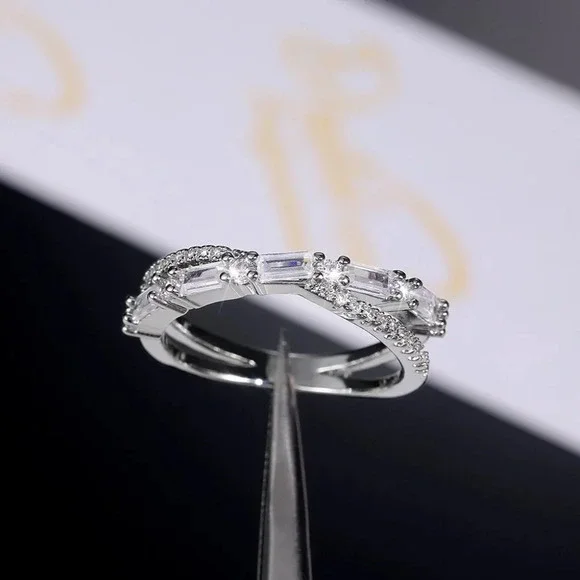 ▶Fashion Party Two Lines Cross CZ Anillos Trendy Silver Rings for Women, L231